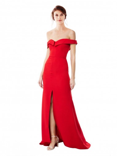 Shop Off the Shoulder Chapel Train Crepe Bridesmaid Dress with Thigh-High slit