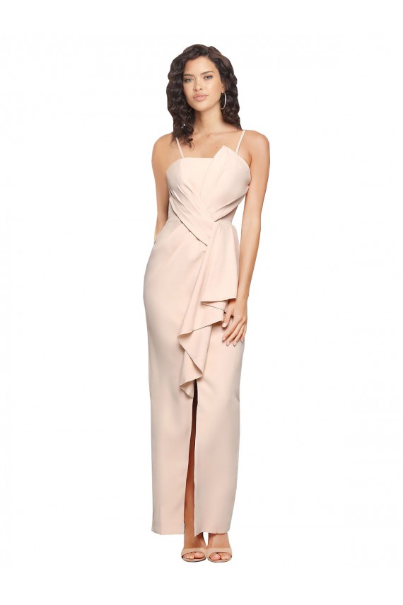 Long Full Length Ruffles Strapless Low Back Crepe Bridesmaid Dress with Straps