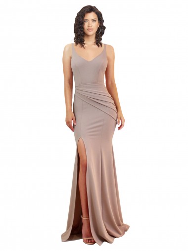 Shop Fishtail Shape V-Neck Crepe Bridesmaid Dress with Slit