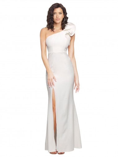 Shop One Shoulder Long Full Length Crepe Bridesmaid Dress with Ruffles and Side Split