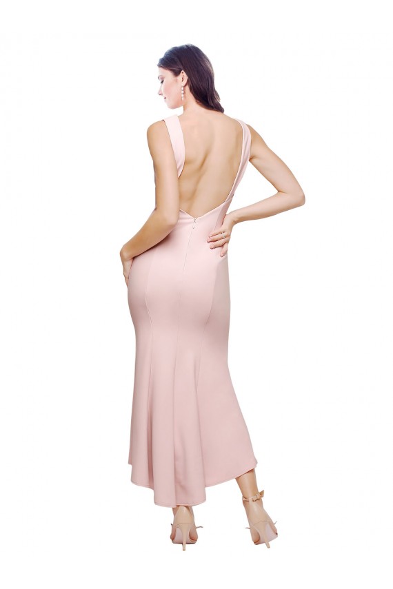 High Neck Low V-Back Midi Length Crepe Bridesmaid Dress