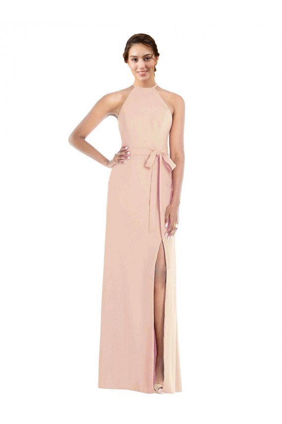 Halter Criss Cross Cutout Back Maxi Bridesmaid Dress