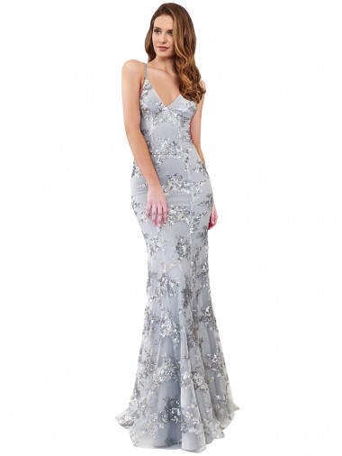 Shop Silver V-Neckline Backless Floral Patterned Sequin Bridesmaid Dress