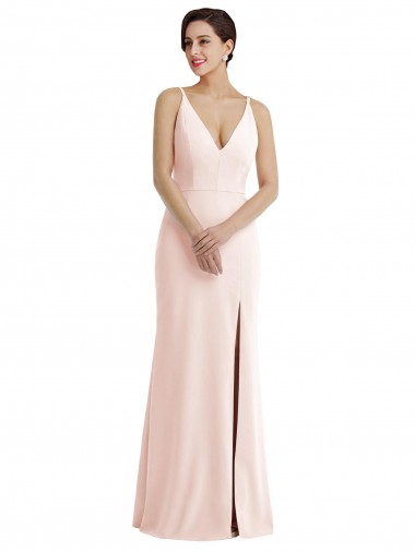 Shop Skinny Strap Deep V-Neck Crepe Trumpet Bridesmaid Dress with Front Slit