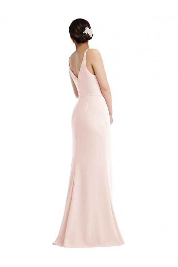 Skinny Strap Deep V-Neck Crepe Trumpet Bridesmaid Dress with Front Slit