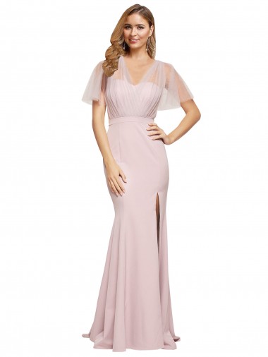 Shop Crepe Long Sweetheart Neckline Bridesmaid Dress with Tulle Overlay Shoulders