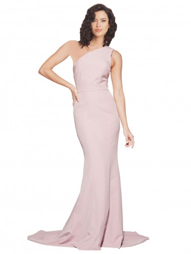 Shop Long Sweep Train One Shoulder Crepe Bridesmaid Dress with Side Leg Split