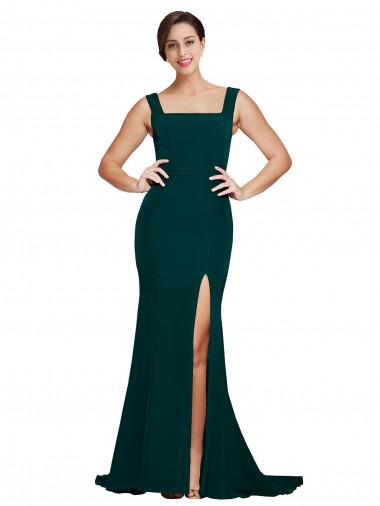 Shop Fitted Square Neck Long Crepe Bridesmaid Dress with Train and Side Split