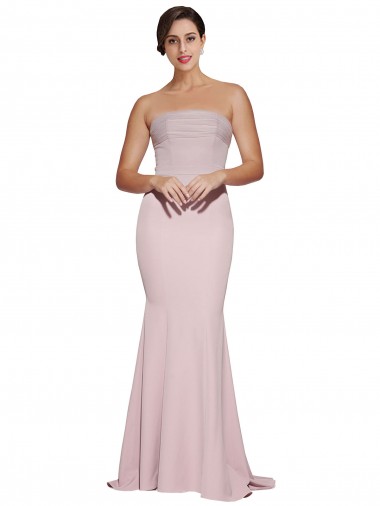 Shop Straight Neck Long Strapless Crepe Bridesmaid Dress with Soft Tulle Overlay and Small Train