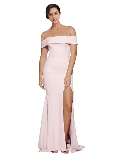 Shop Off Shoulder Long Crepe Bridesmaid Dress with Straight Neckline and Side Split
