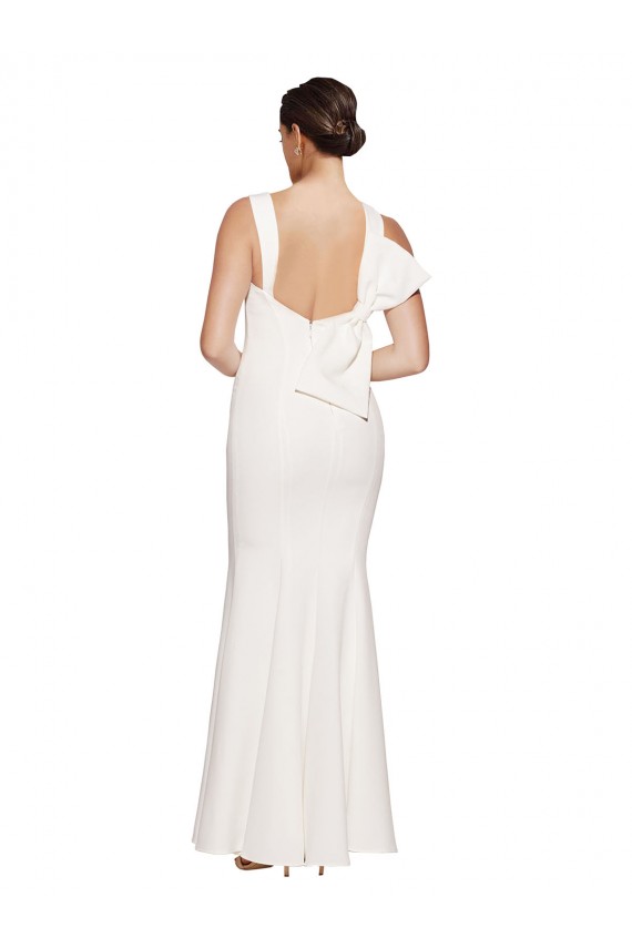 Full Length Square Neck Crepe Bridesmaid Dress with Asymmetrical Straps and Bow Back