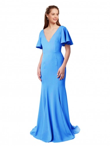 Shop Short Sleeves Long V-Neck Crepe Bridesmaid Dress with V-Back