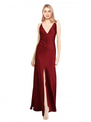 Shop Floor Length Deep V-Back Stretch Satin Bridesmaid Dress with Front Slit