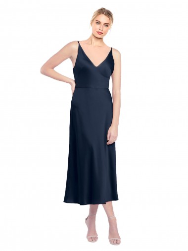 Shop V-Neck Midi Length Short Stretch Satin Bridesmaid Dress V-Back