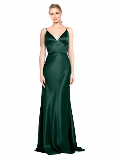 Shop High V-Neck Long Full Length Sheath Stretch Satin Bridesmaid Dress