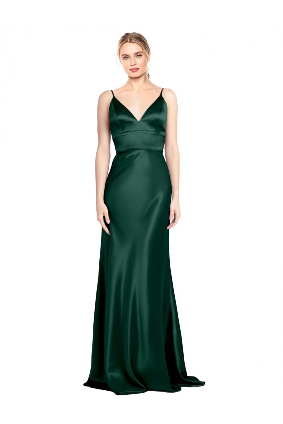 High V-Neck Long Full Length Sheath Stretch Satin Bridesmaid Dress
