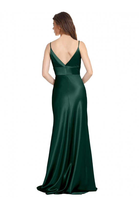High V-Neck Long Full Length Sheath Stretch Satin Bridesmaid Dress