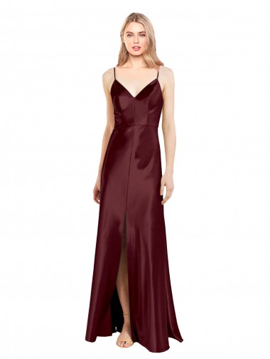 Shop Sleek Spaghetti Straps V-Neck Stretch Satin Bridesmaid Dress with Center Front Slit