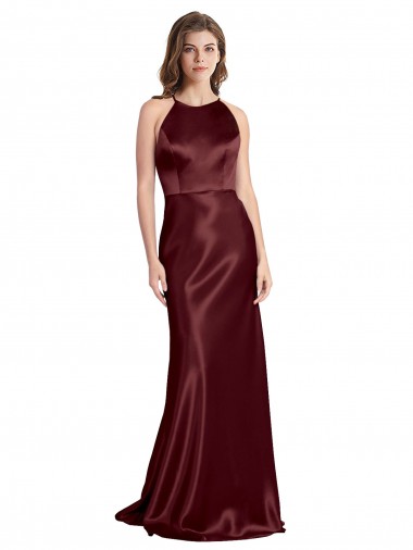Shop High Neck Halter Long Sleeveless Stretch Satin Bridesmaid Dress with Strappy Back