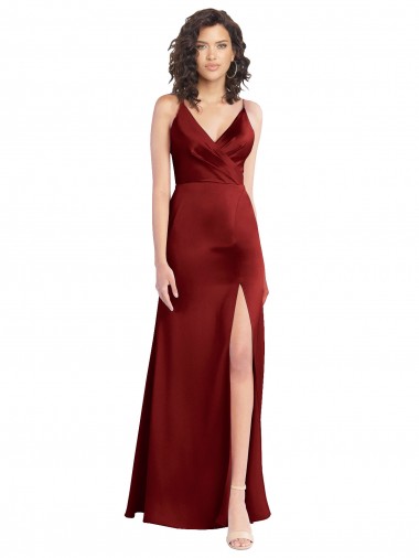 Shop Faux Surplice Neckline Long Slim A-Line Stretch Satin Bridesmaid Dress
