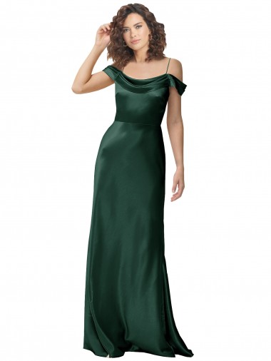 Shop Off the Shoulder Sleeves Long Stretch Satin Bridesmaid Dress with Pleated Draped Neckline
