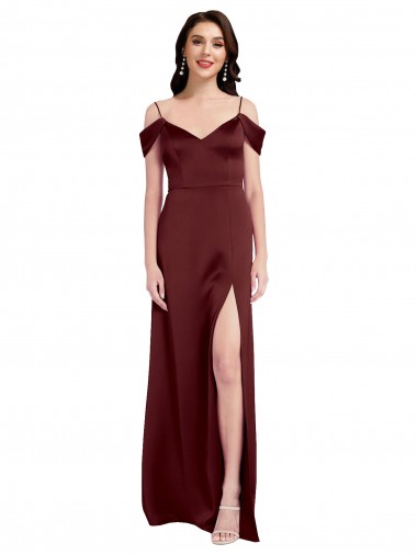 Shop Draped Off the Shoulder Sleeves Slim A-Line Stretch Satin Bridesmaid Dress with Side Slit
