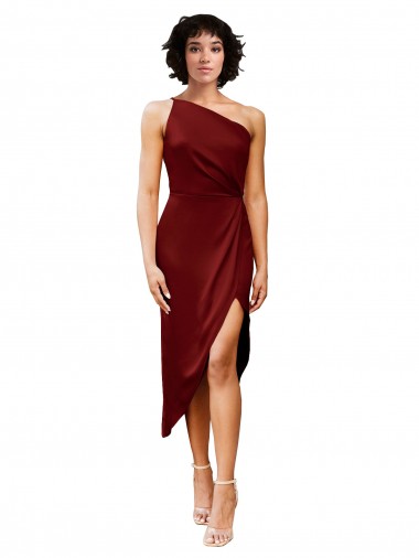 Shop One Shoulder Midi Length Short Stretch Satin Wrap Style Bridesmaid Dress
