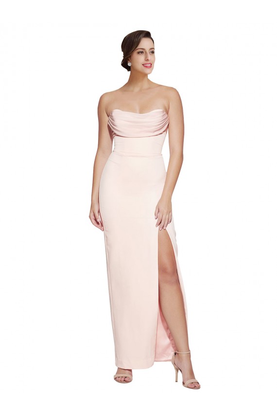 Cowl Neck Strapless Stretch Satin Bridesmaid Dress with High Split