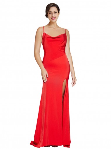 Shop Low Back Cowl Neck Stretch Satin Bridesmaid Dress with High Side Slit