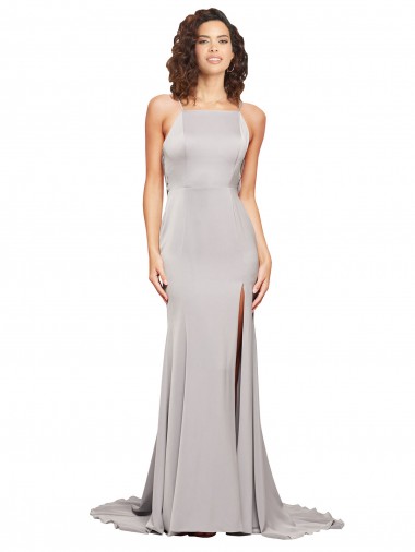 Shop High Neck Low Back Long Full Length Stretch Satin Bridesmaid Dress