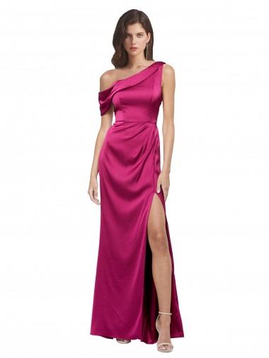 Shop Off the Shoulder Short Sleeves Stretch Satin Bridesmaid Dress with Side Slit