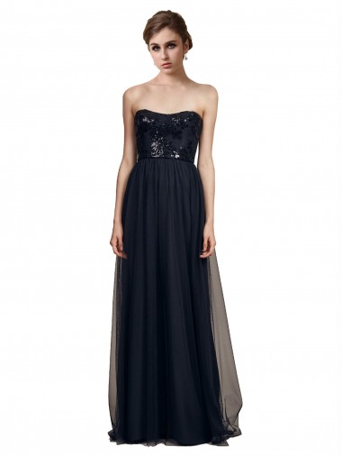 Shop Strapless Sequined Lace Long Bridesmaid Dress with Pleats