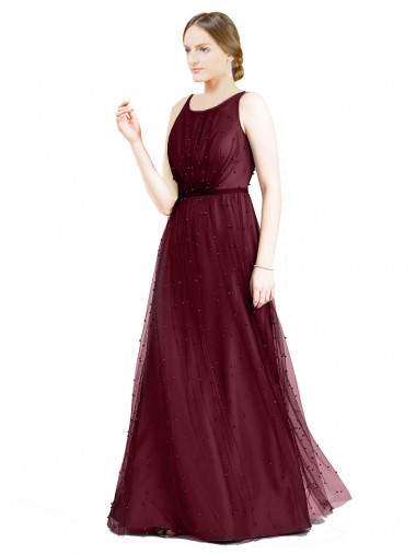 Shop Sleeveless Boat Neck Long Pearl Tulle Bridesmaid Dress with Keyhole Back