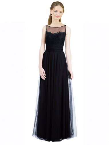 Shop Full Length Tulle Bridesmaid Dress with Lace Bodice and Soft Tulle Illusion Top