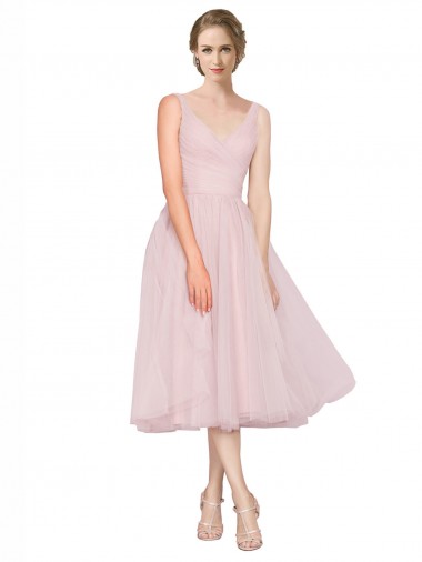 Shop Short Tea Length Wide Strap Plunge Cross Over Neckline Tulle Bridesmaid Dress