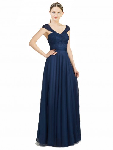 Shop Ruched Sweetheart Long A-Line Tulle Bridesmaid Dress with Wide Straps and Tie Back