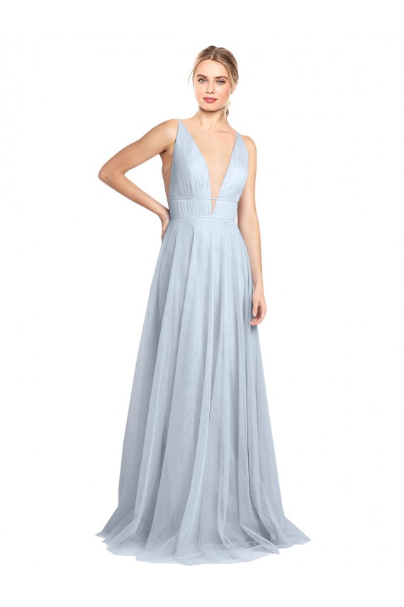 Plunging Deep V-Neck Long Tulle Bridesmaid Dress with V-Back