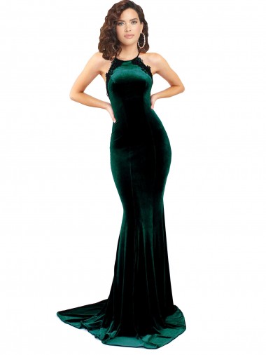 Shop High Neck Stretch Velvet Bridesmaid Dress with Black Lace Embroidery