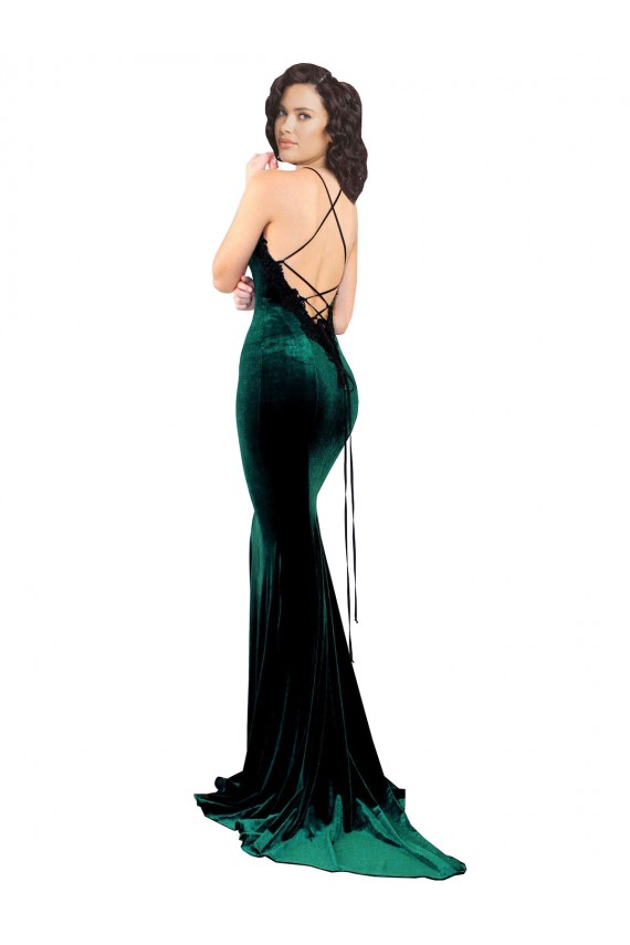 High Neck Stretch Velvet Bridesmaid Dress with Black Lace Embroidery