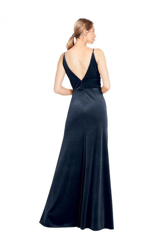 V-Back Long Velvet Bridesmaid Dress with Notched V-Neck and Spaghetti Straps