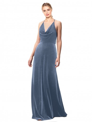 Shop Halter Cowl Neck Long A-Line Velvet Bridesmaid Dress with Keyhole Back