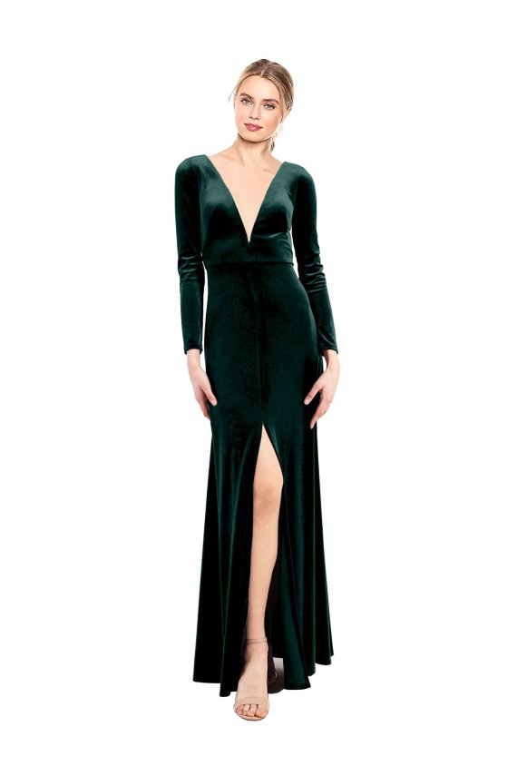 Plunging V-Neckline Long Sleeves Open Back Velvet Bridesmaid Dress