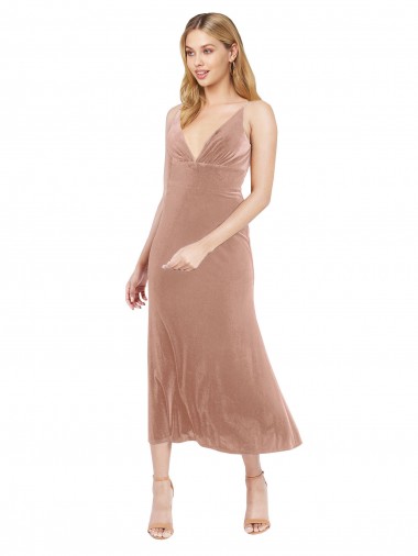 Shop Midi Length Short V-Neck Velvet Bridesmaid Dress with Notched Neckline