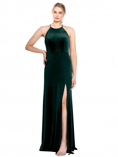 Shop Long Jewel Neck Full Length Velvet Bridesmaid Dress with Side Slit