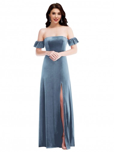 Shop Ruffle Sleeve Off the Shoulder Velvet Maxi Bridesmaid Dress