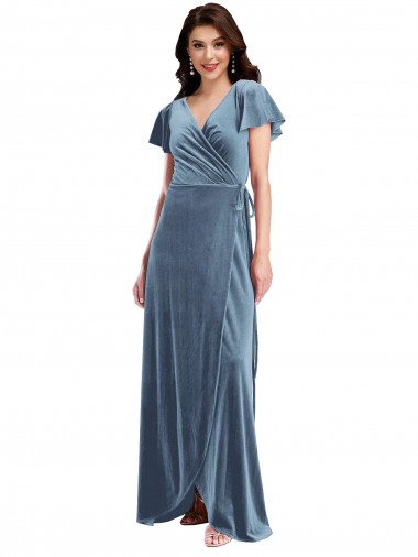 Shop Flutter Sleeve Velvet Wrap Maxi Bridesmaid Dress with Pockets