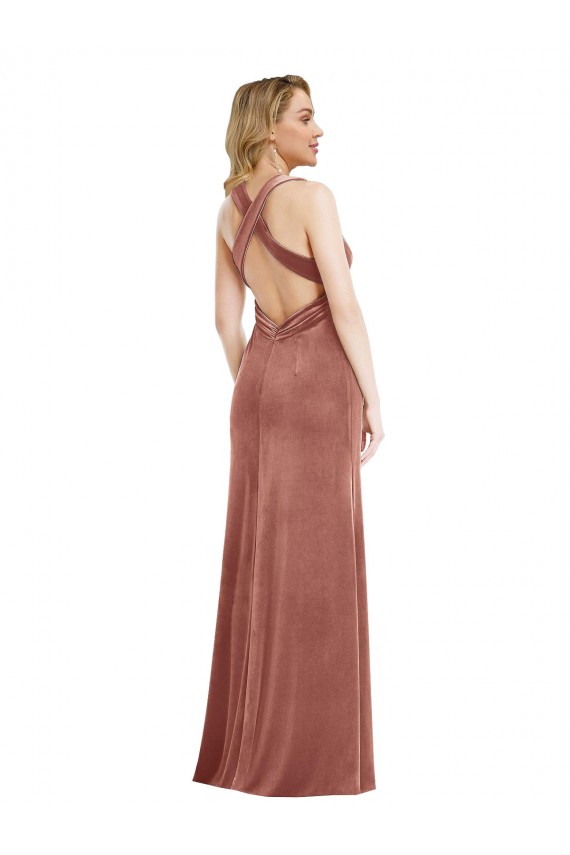 Plunging Neckline Velvet Maxi Bridesmaid Dress with Criss Cross Open Back