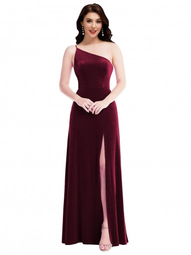 Shop One Shoulder Spaghetti Strap Velvet Maxi Bridesmaid Dress with Pockets