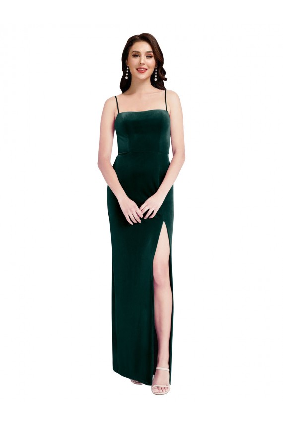Straight Neckline Spaghetti Straps Long Velvet Bridesmaid Dress with High Side Slit
