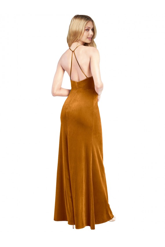 Halter Neckline Long Full Length Velvet Bridesmaid Dress with Strappy Back